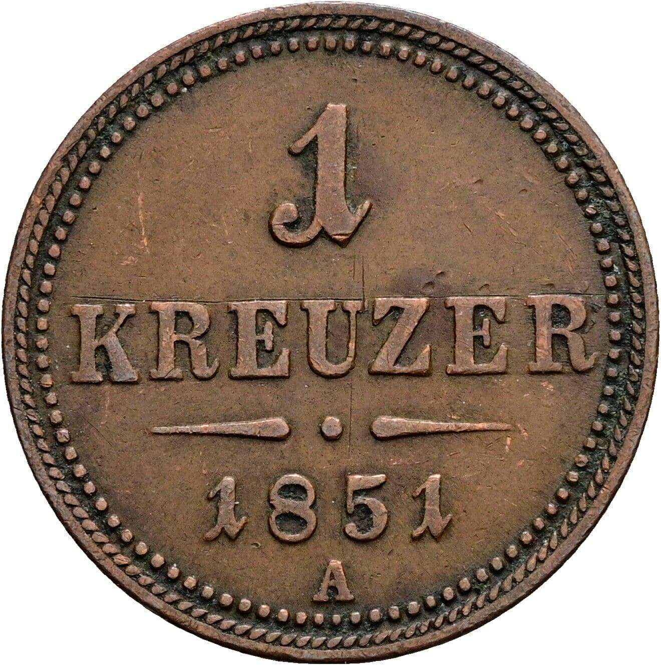 1 Kreuzer Franz Joseph I. 1848-1916 1851 A, Wien – Vorderseite