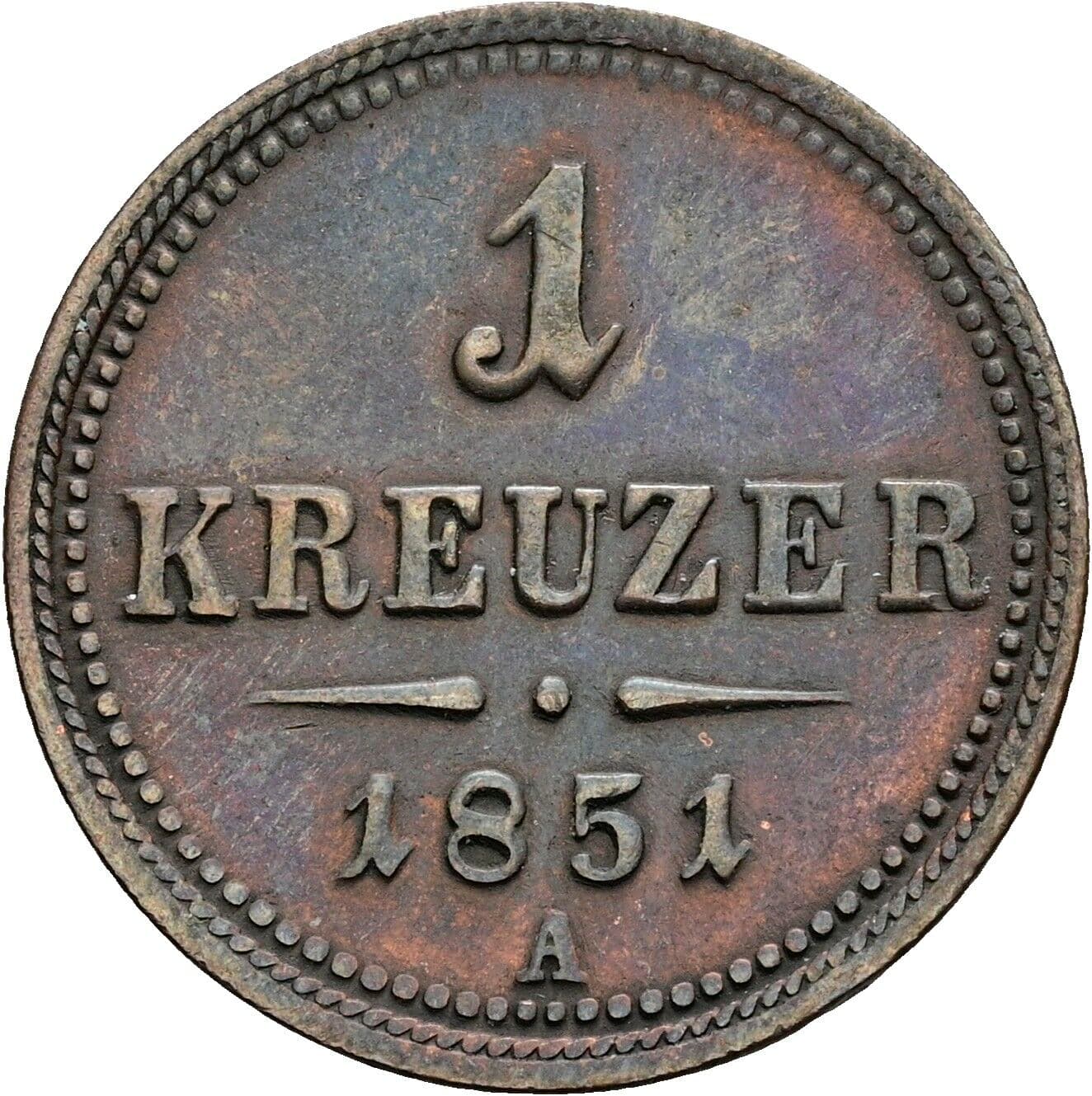 1 Kreuzer Franz Joseph I. 1848-1916 1851 A, Wien – Vorderseite