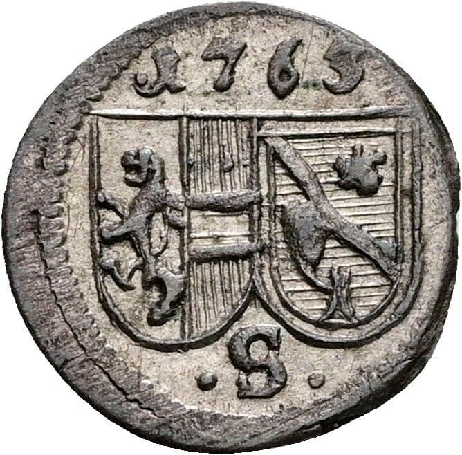 Pfennig Sigismund III. Graf Schrattenbach 1753-1771 1763 Salzburg – Vorderseite