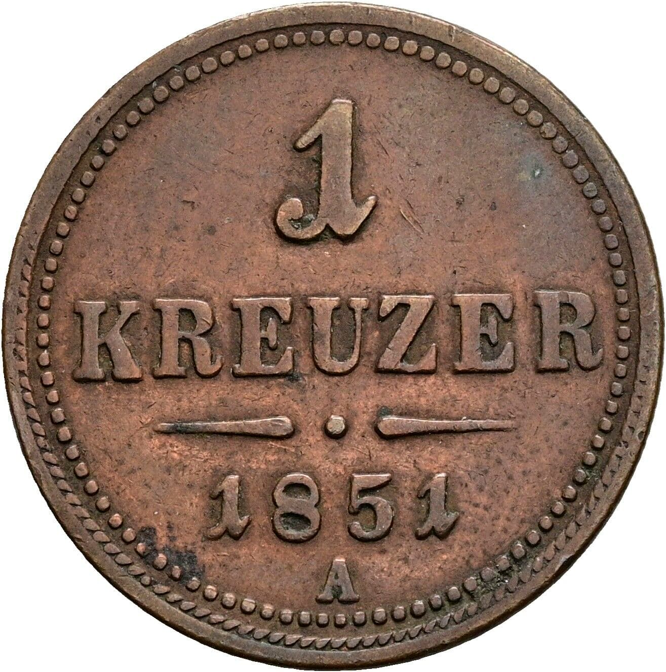 1 Kreuzer Franz Joseph I. 1848-1916 1851 A – Vorderseite