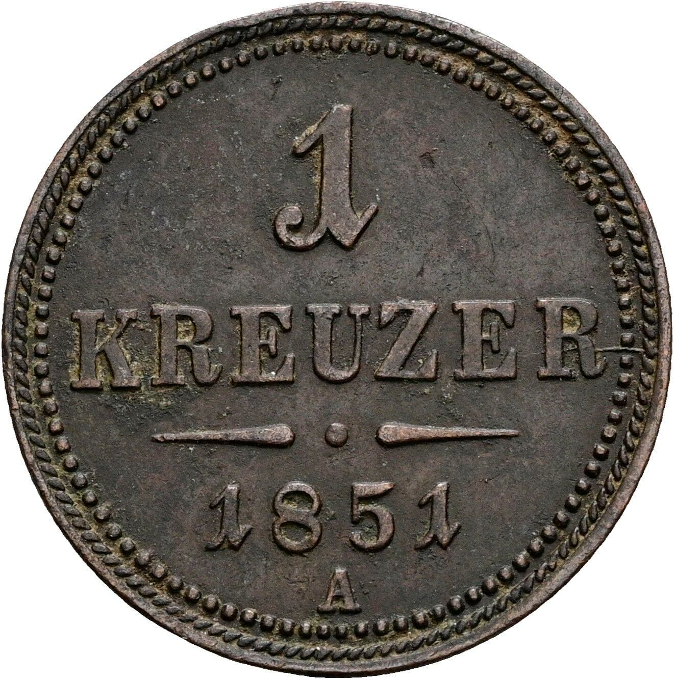 1 Kreuzer Franz Joseph I. 1848-1916 1851 A – Vorderseite