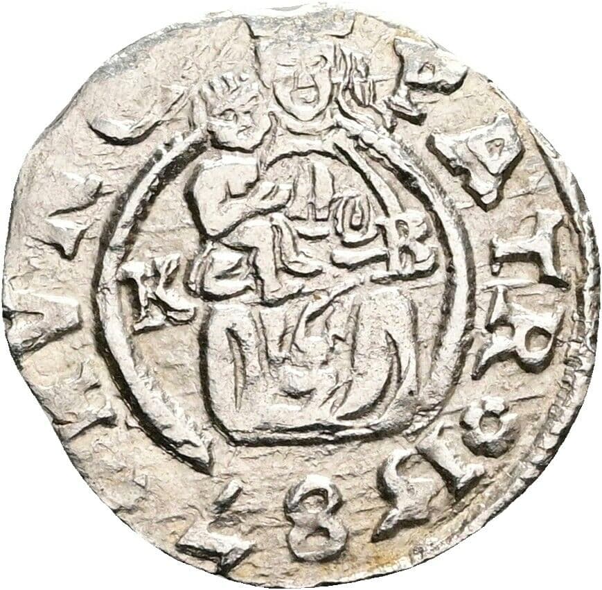 Denar Rudolf II. 1587 KB, Kremnitz – Vorderseite