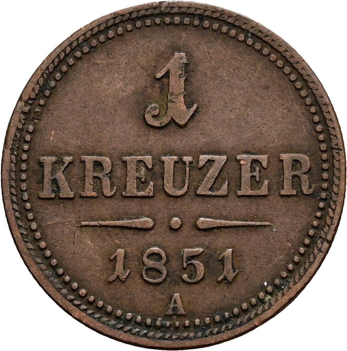 1 Kreuzer Franz Joseph I. 1848-1916 1851 A, Wien – Vorderseite