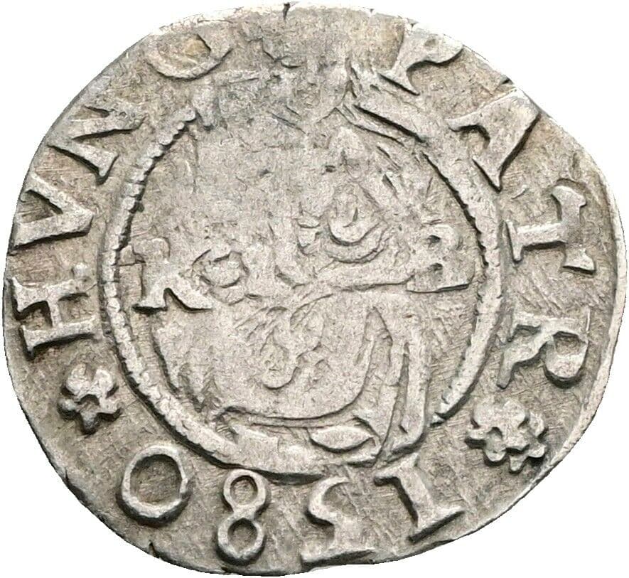 Denar Rudolf II. 1580 KB, Kremnitz – Vorderseite