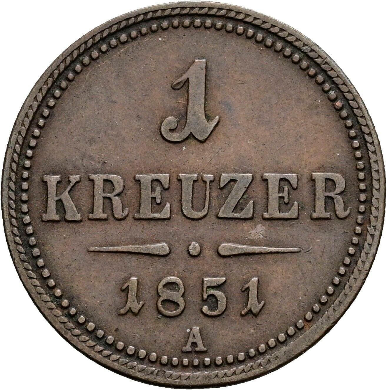 1 Kreuzer Franz Joseph I. 1848-1916 1851 A, Wien – Vorderseite