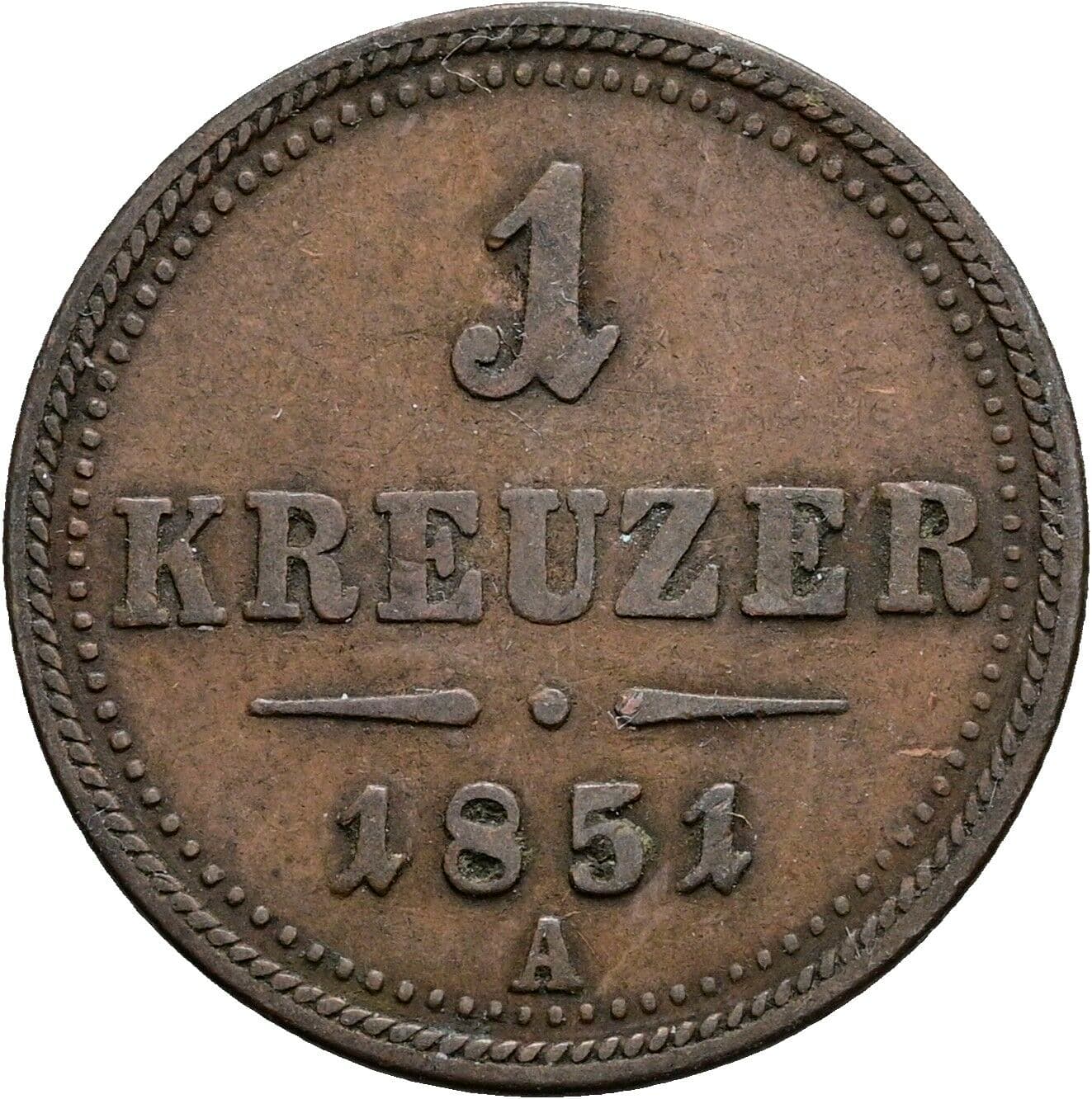 1 Kreuzer Franz Joseph I. 1848-1916 1851 A, Wien – Vorderseite