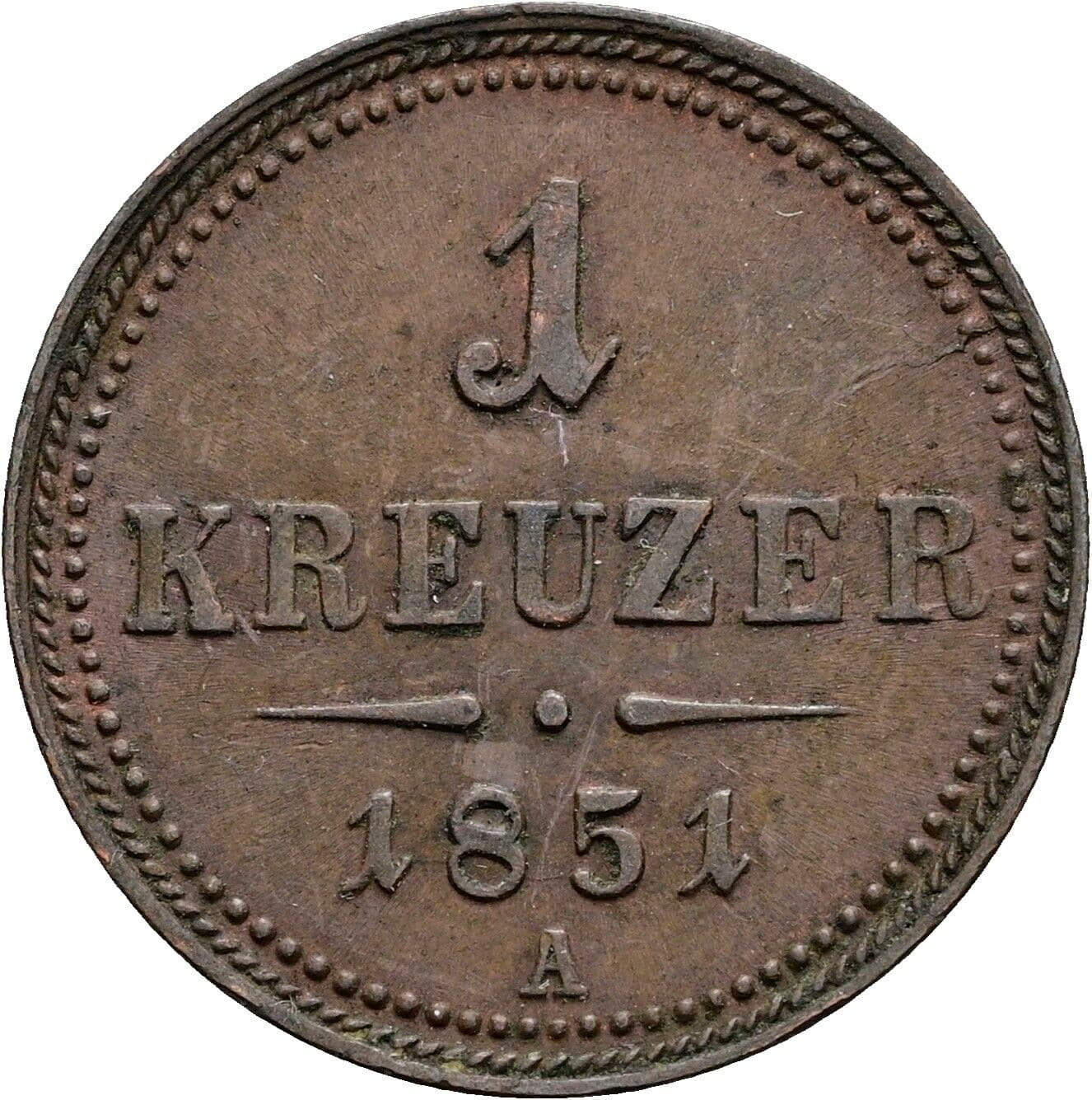 1 Kreuzer Franz Joseph I. 1848-1916 1851 A, Wien – Vorderseite