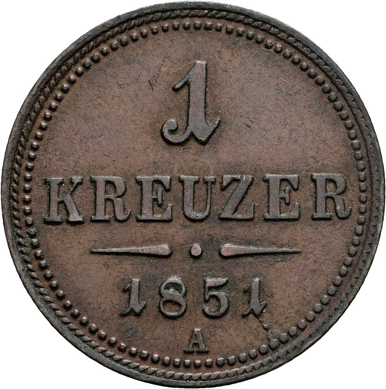 1 Kreuzer Franz Joseph I. 1848-1916 1851 A, Wien – Vorderseite