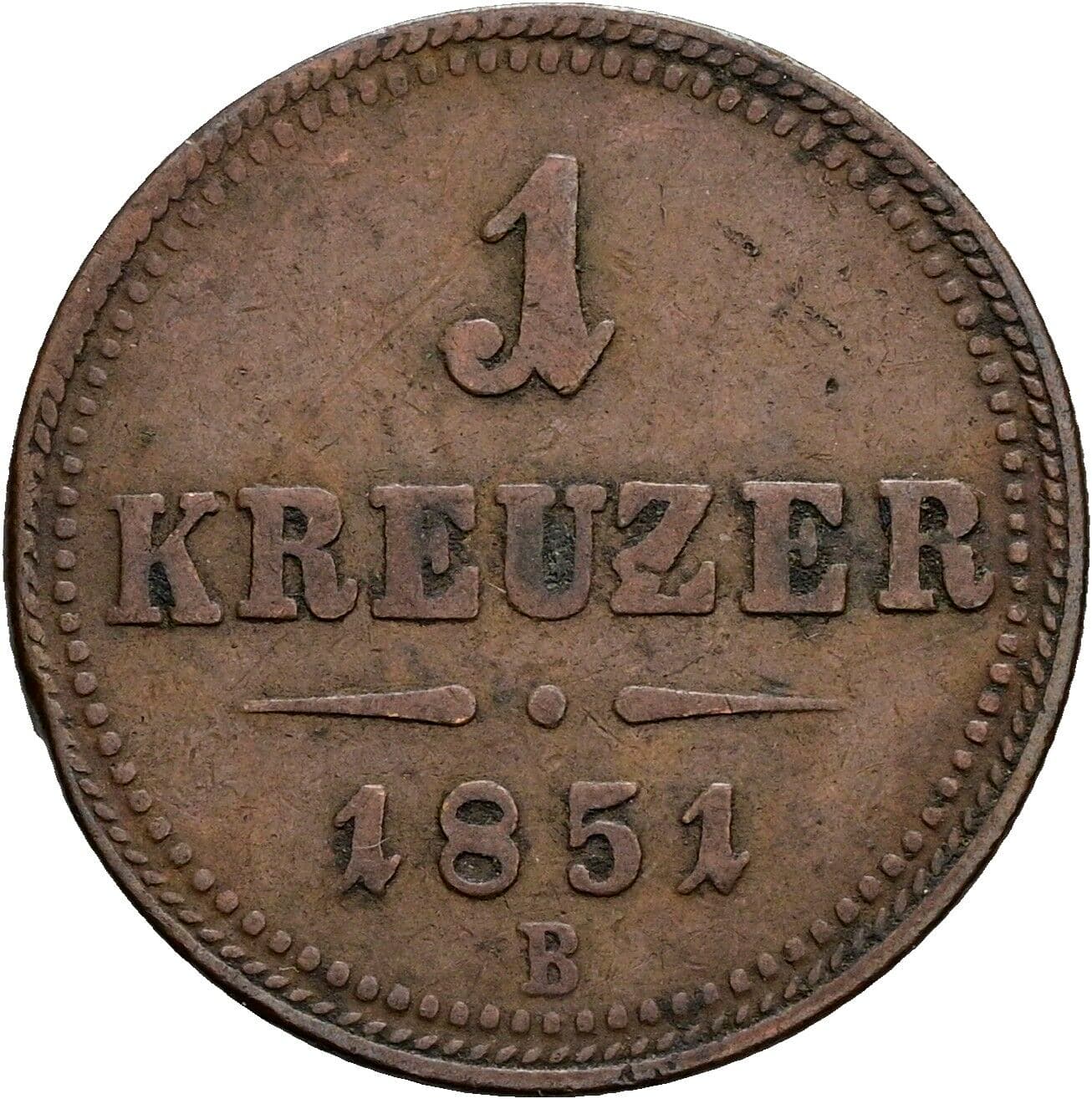 1 Kreuzer Franz Joseph I. 1848-1916 1851 B, Kremnitz – Vorderseite