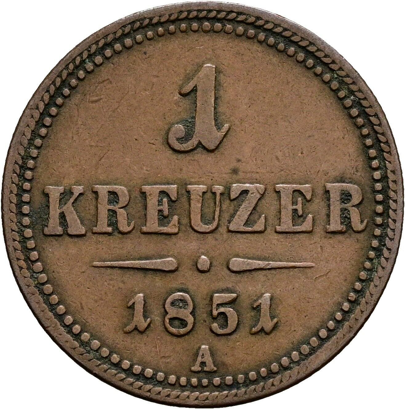 1 Kreuzer Franz Joseph I. 1848-1916 1851 A, Wien – Vorderseite