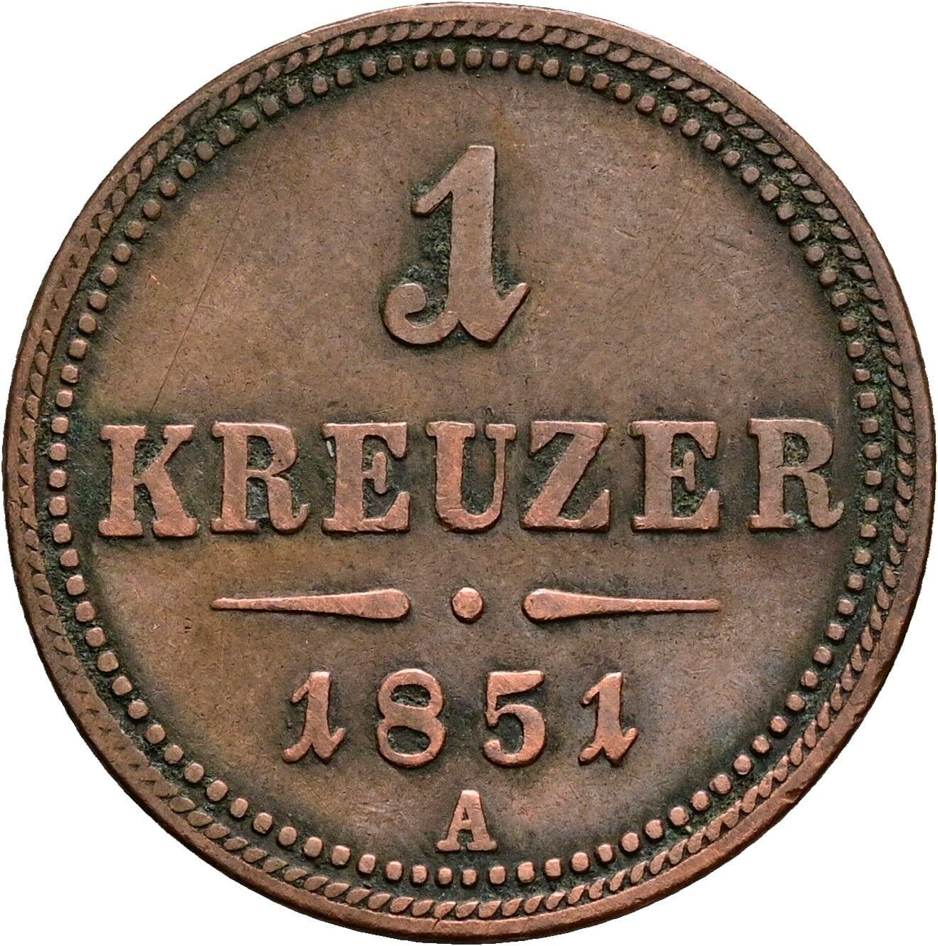 1 Kreuzer Franz Joseph I. 1848-1916 1851 A, Wien – Vorderseite