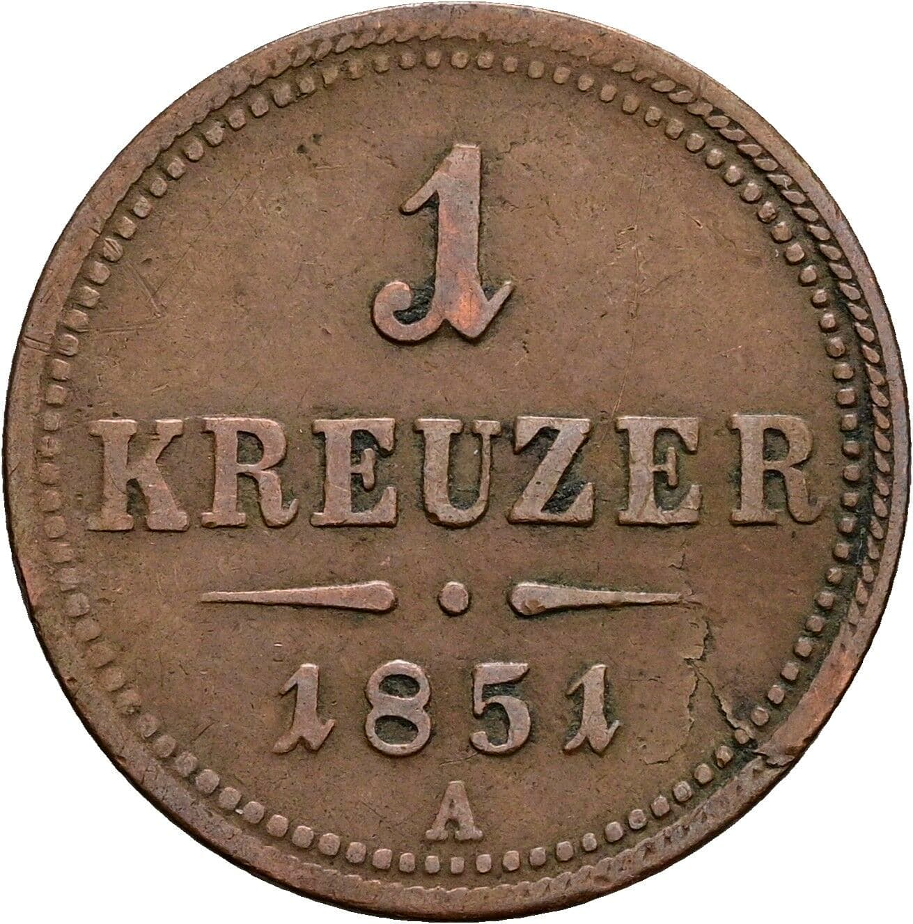 1 Kreuzer Franz Joseph I. 1848-1916 1851 A, Wien – Vorderseite
