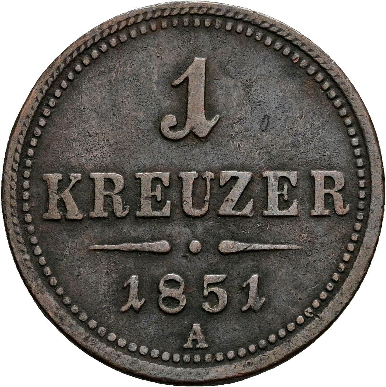 1 Kreuzer Franz Joseph I. 1848-1916 1851 A, Wien – Vorderseite