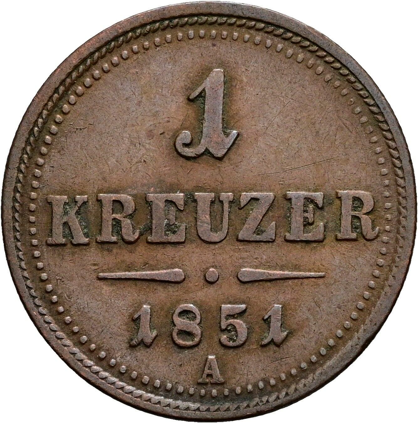 1 Kreuzer Franz Joseph I. 1848-1916 1851 A, Wien – Vorderseite