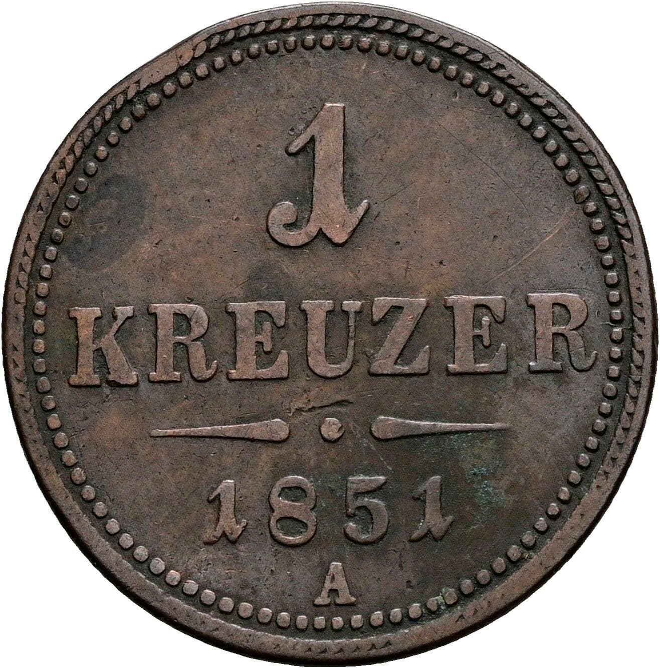 1 Kreuzer Franz Joseph I. 1848-1916 1851 A, Wien – Vorderseite