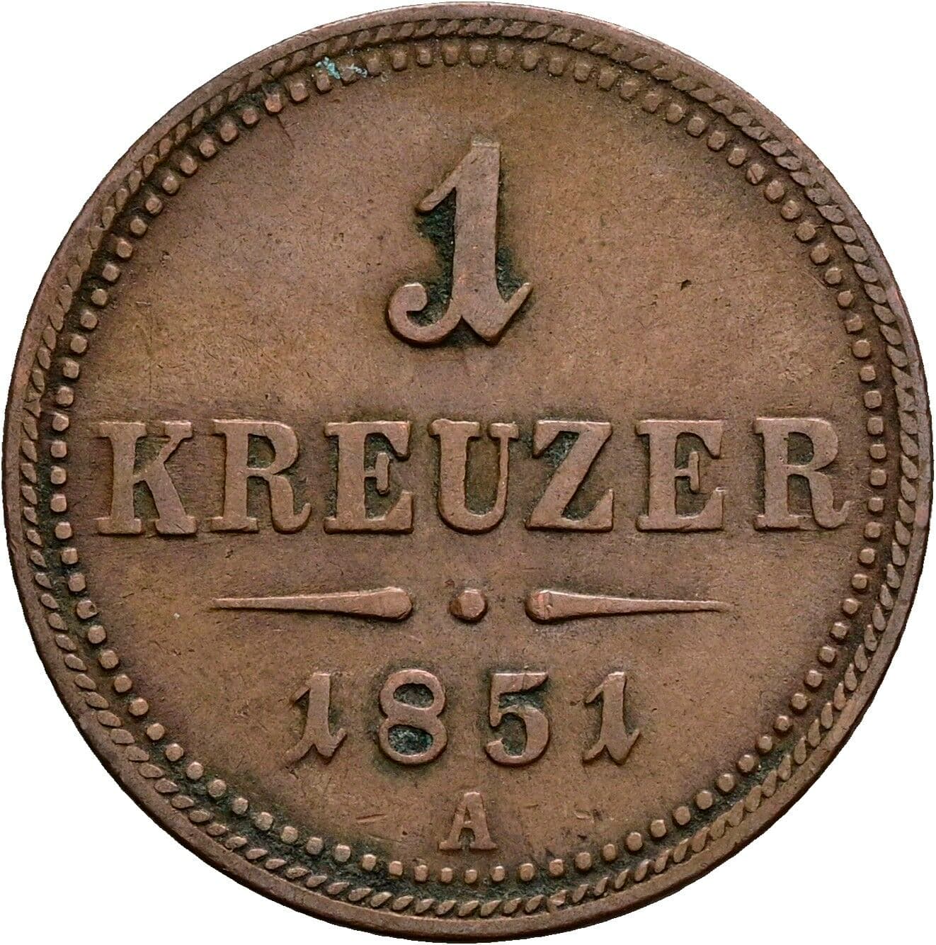 1 Kreuzer Franz Joseph I. 1848-1916 1851 A, Wien – Vorderseite