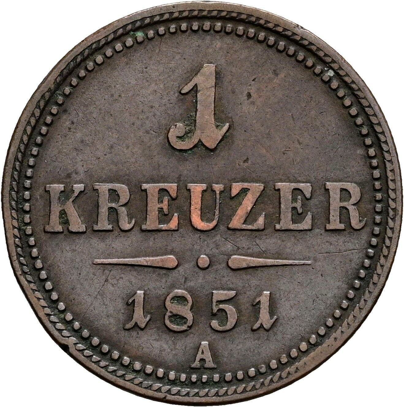 1 Kreuzer Franz Joseph I. 1848-1916 1851 A, Wien – Vorderseite