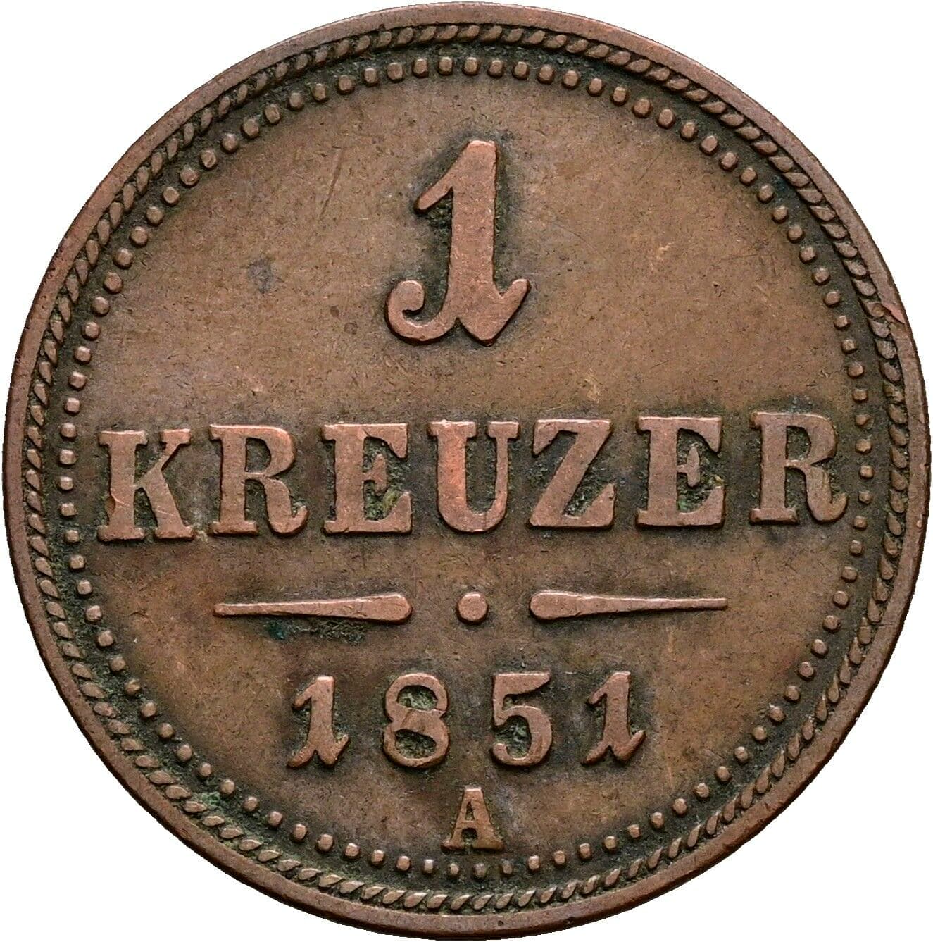 1 Kreuzer Franz Joseph I. 1848-1916 1851 A, Wien – Vorderseite