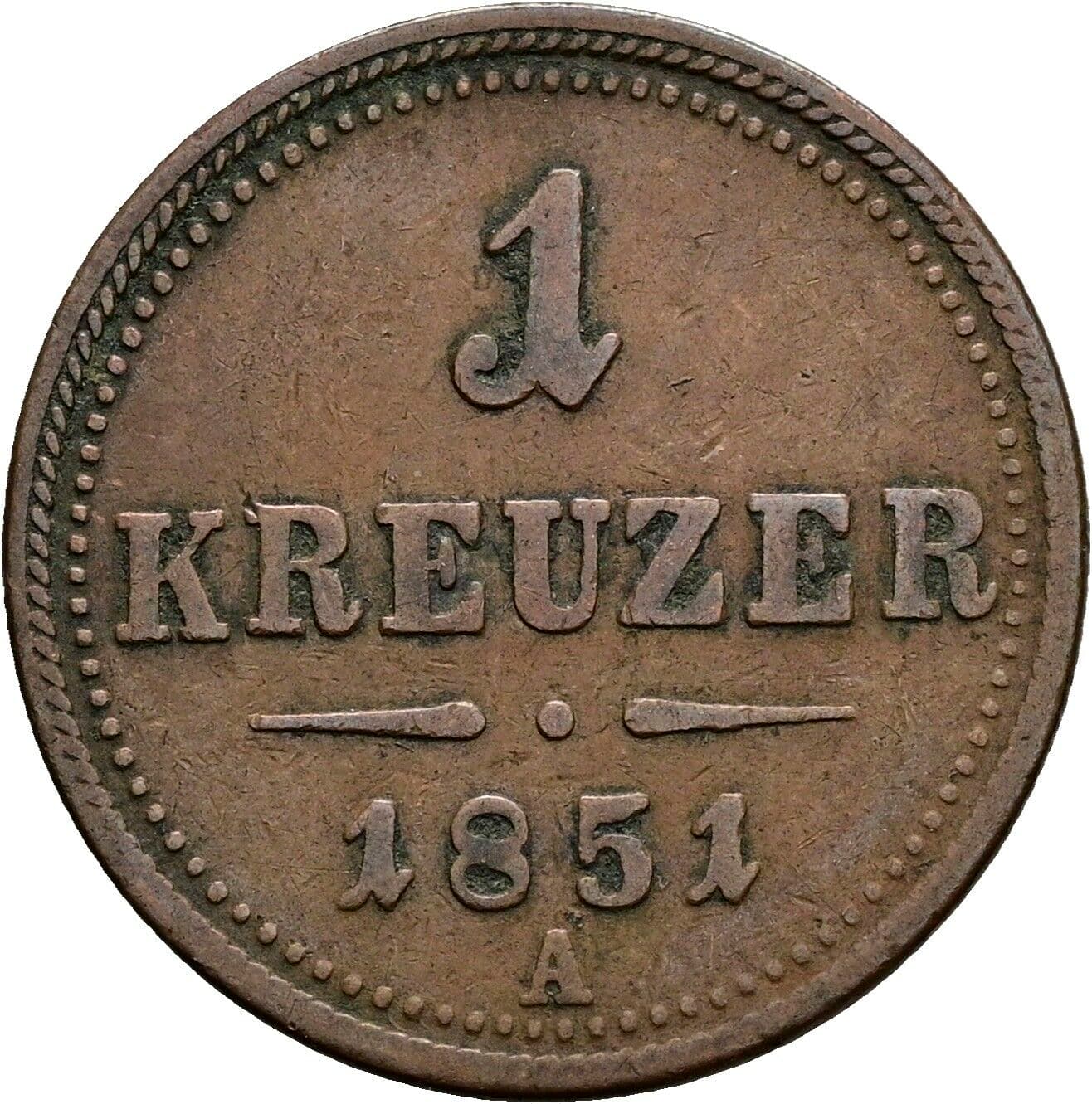 1 Kreuzer Franz Joseph I. 1848-1916 1851 A, Wien – Vorderseite
