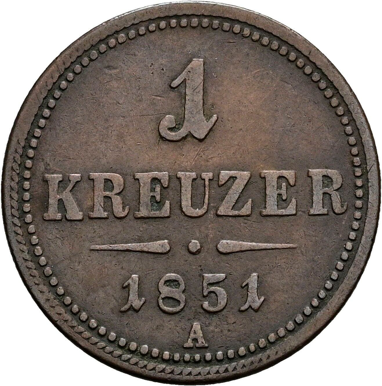 1 Kreuzer Franz Joseph I. 1848-1916 1851 A, Wien – Vorderseite