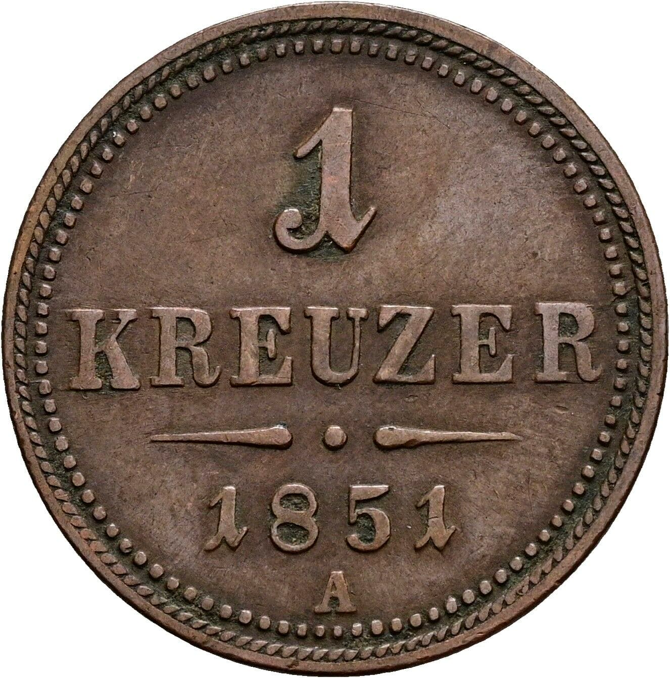 1 Kreuzer Franz Joseph I. 1848-1916 1851 A, Wien – Vorderseite