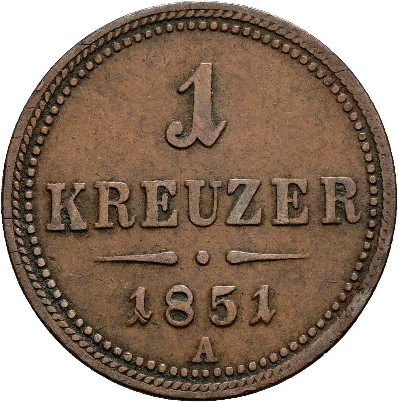 1 Kreuzer Franz Joseph I. 1848-1916 1851 A, Wien – Vorderseite