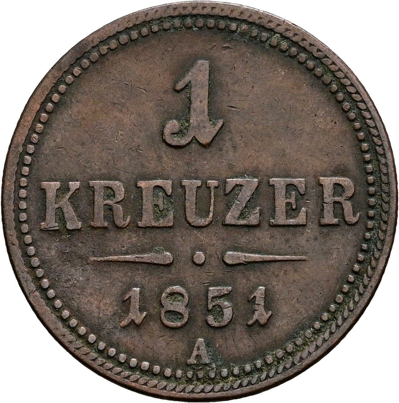 1 Kreuzer Franz Joseph I. 1848-1916 1851 A, Wien – Vorderseite