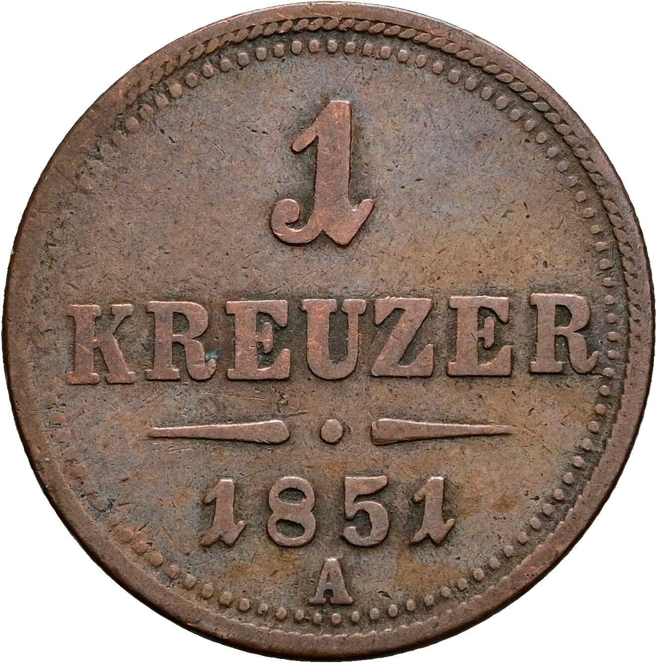 1 Kreuzer Franz Joseph I. 1848-1916 1851 A, Wien – Vorderseite