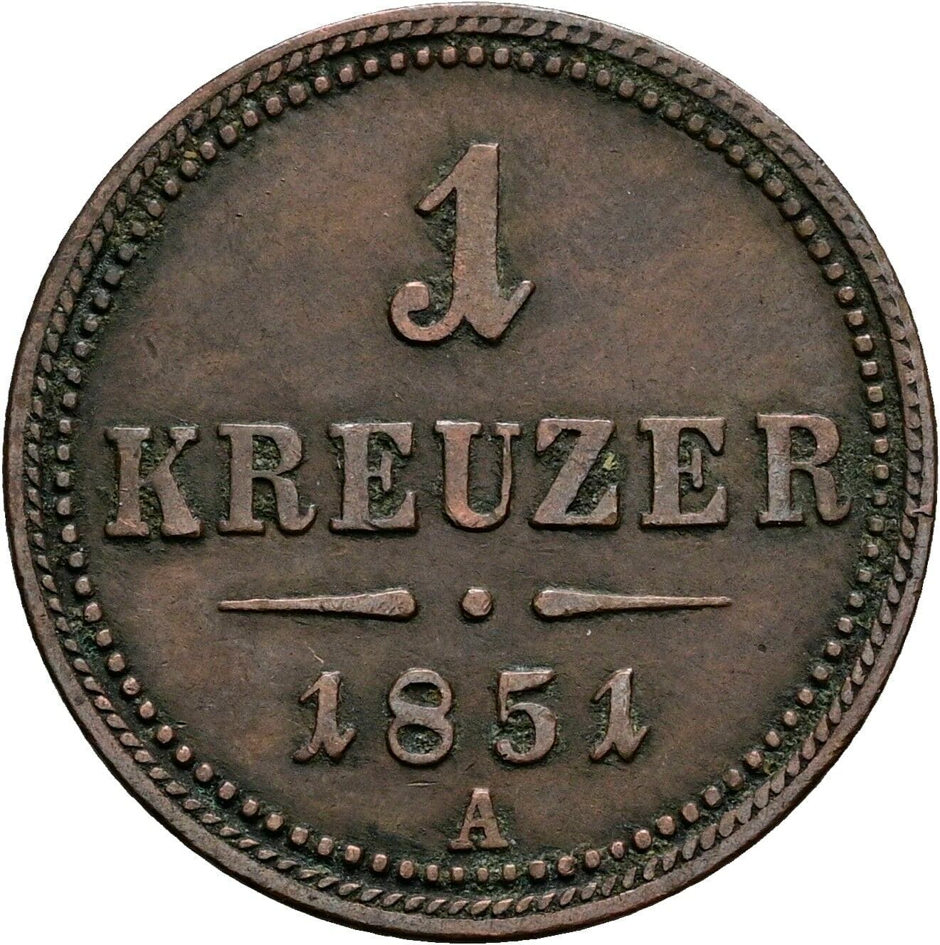 1 Kreuzer Franz Joseph I. 1848-1916 1851 A, Wien – Vorderseite