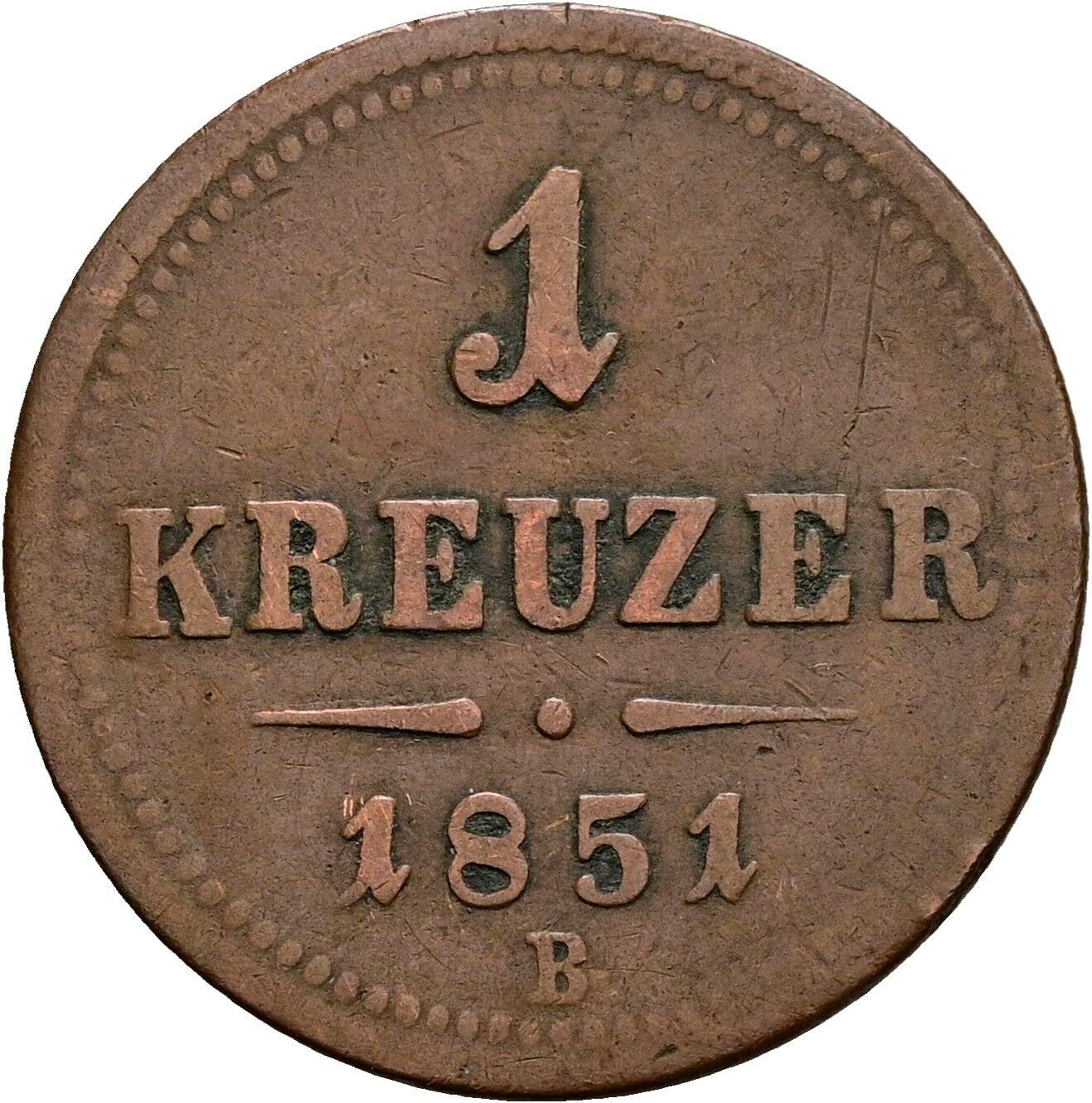 1 Kreuzer Franz Joseph I. 1848-1916 1851 B, Kremnitz – Vorderseite
