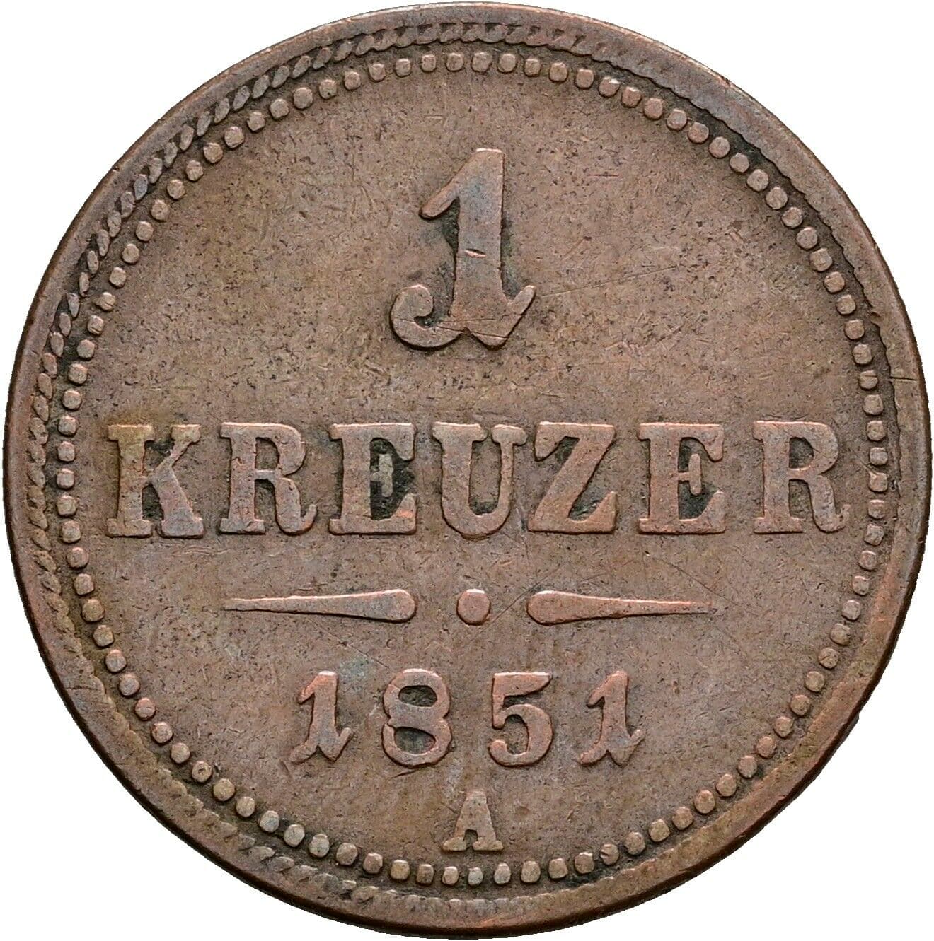 1 Kreuzer Franz Joseph I. 1848-1916 1851 A, Wien – Vorderseite