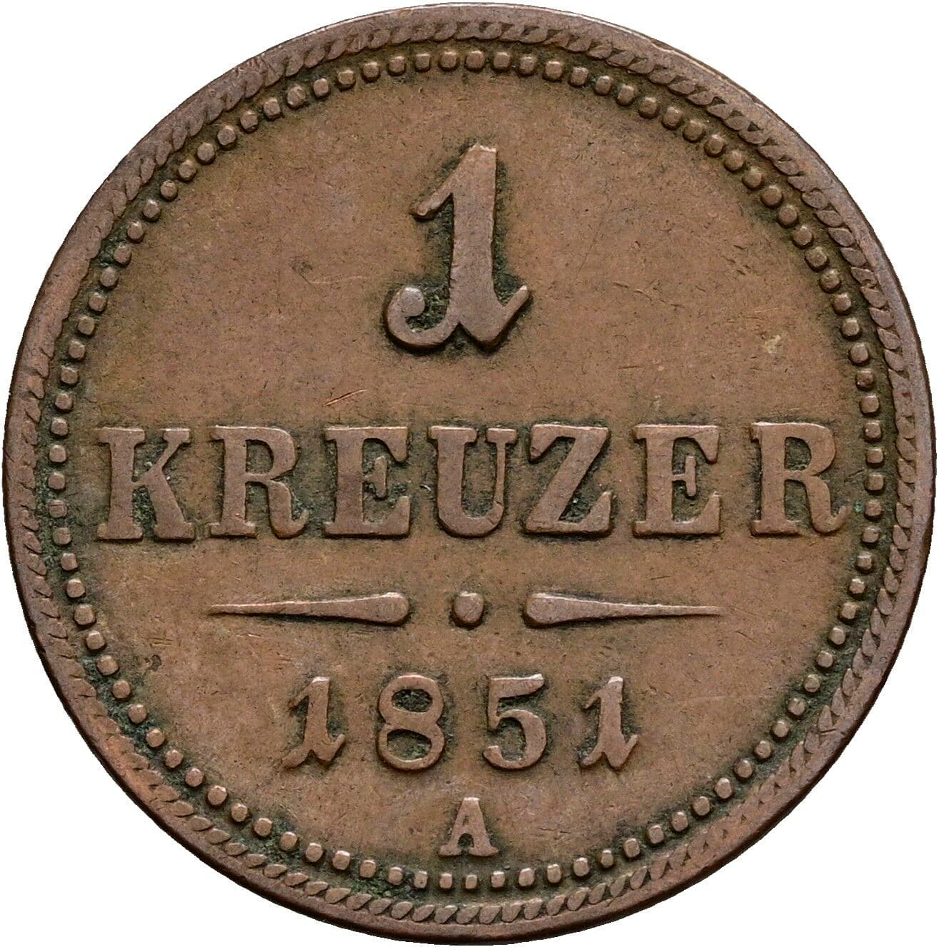 1 Kreuzer Franz Joseph I. 1848-1916 1851 A, Wien – Vorderseite