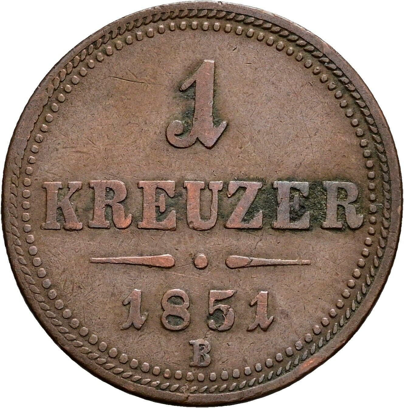 1 Kreuzer Franz Joseph I. 1848-1916 1851 B, Kremnitz – Vorderseite