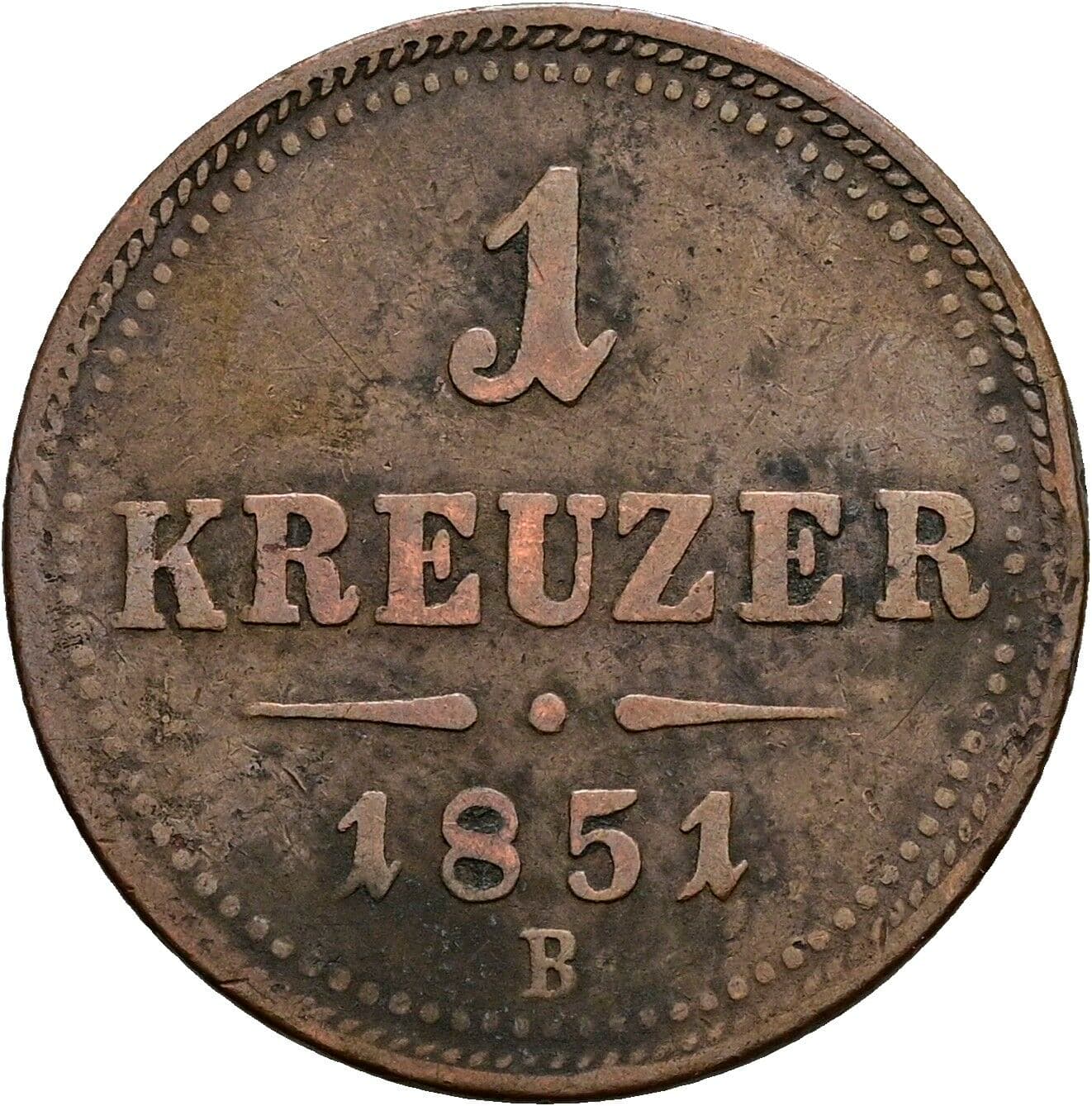 1 Kreuzer Franz Joseph I. 1848-1916 1851 B, Kremnitz – Vorderseite
