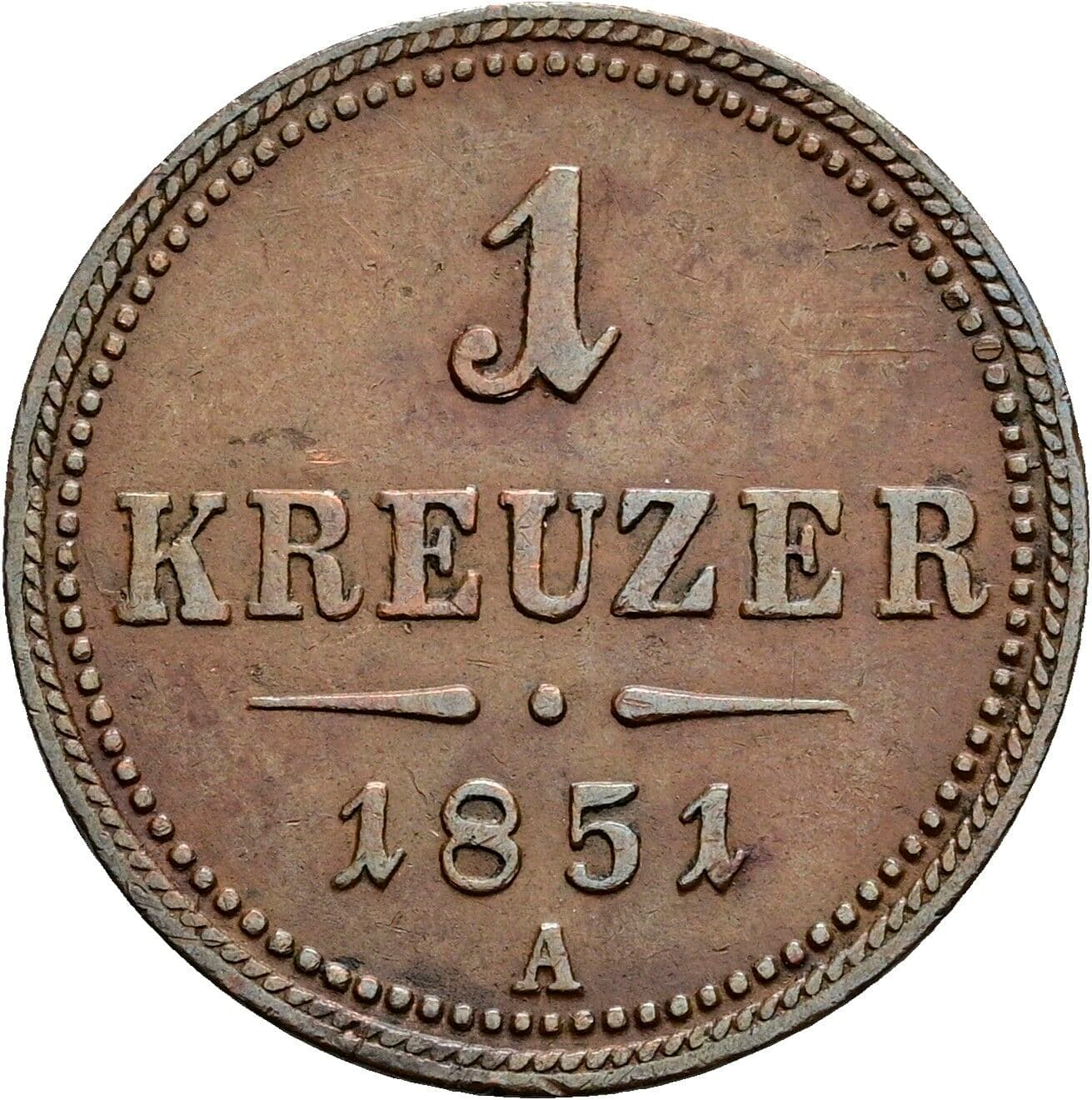 1 Kreuzer Franz Joseph I. 1848-1916 1851 A, Wien – Vorderseite