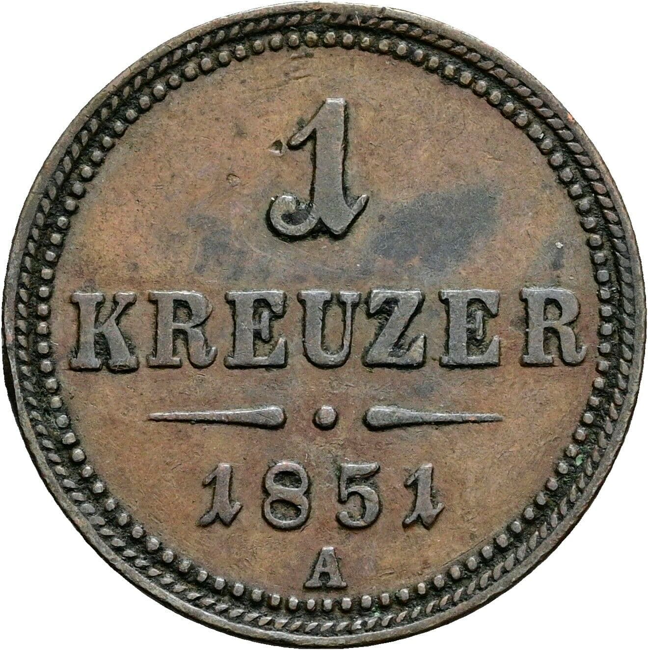 1 Kreuzer Franz Joseph I. 1848-1916 1851 A, Wien – Vorderseite