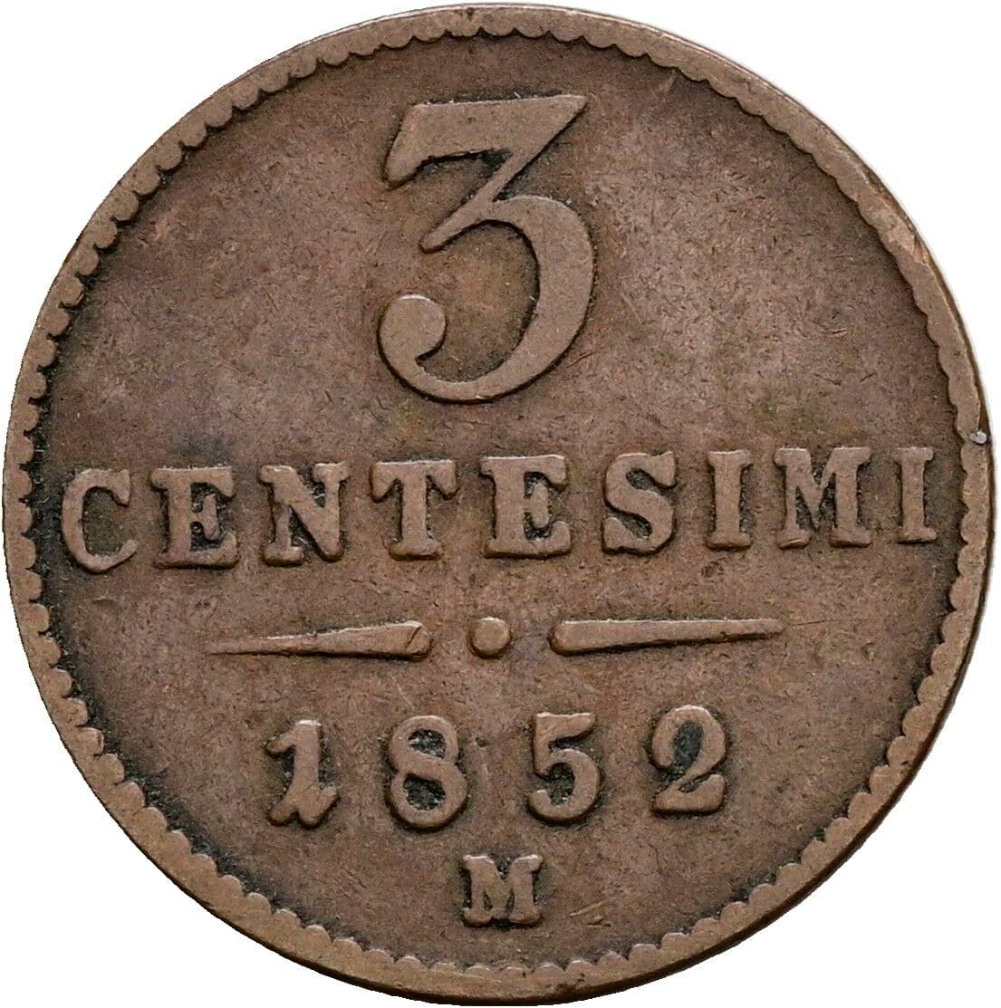 3 Centesimi Franz Joseph I. 1848-1916 1852 M, Mailand – Vorderseite