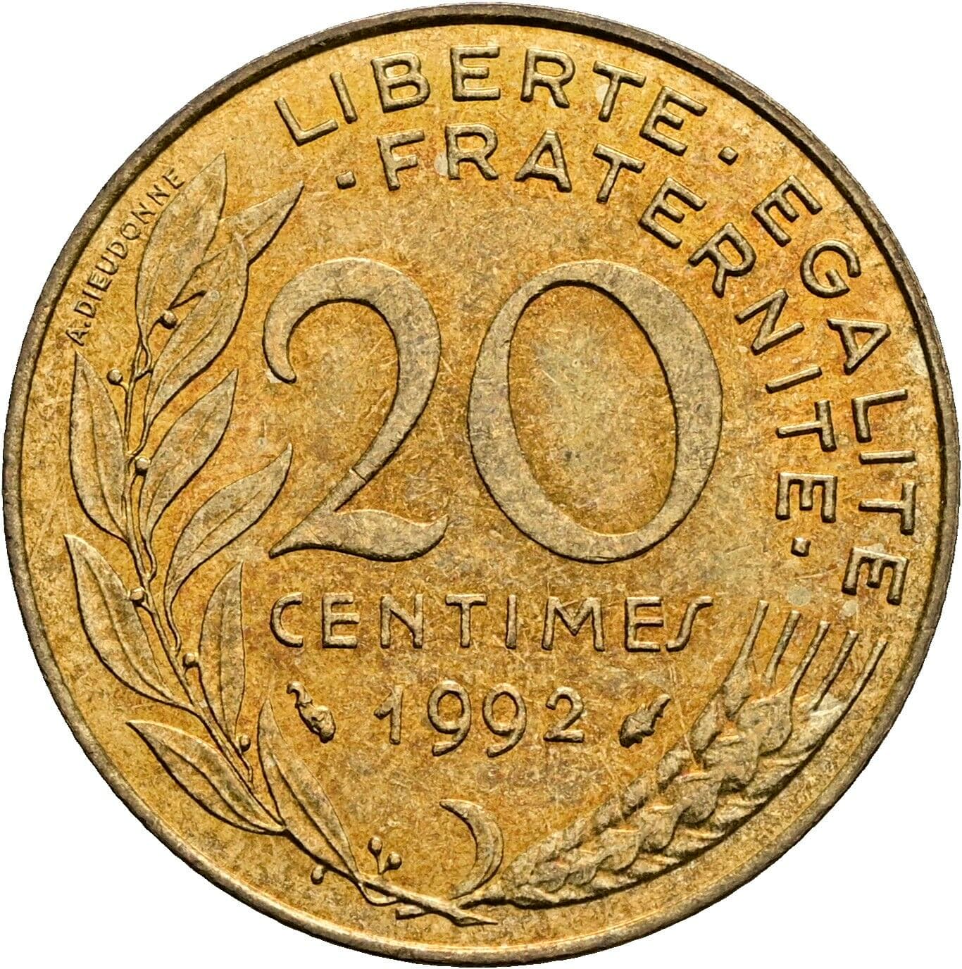 20 Centimes 1992 – Rückseite