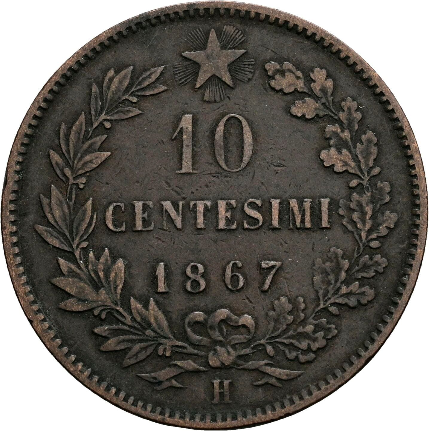 10 Centesimi Vittorio Emanuele II. 1861-1878 1867 H – Vorderseite