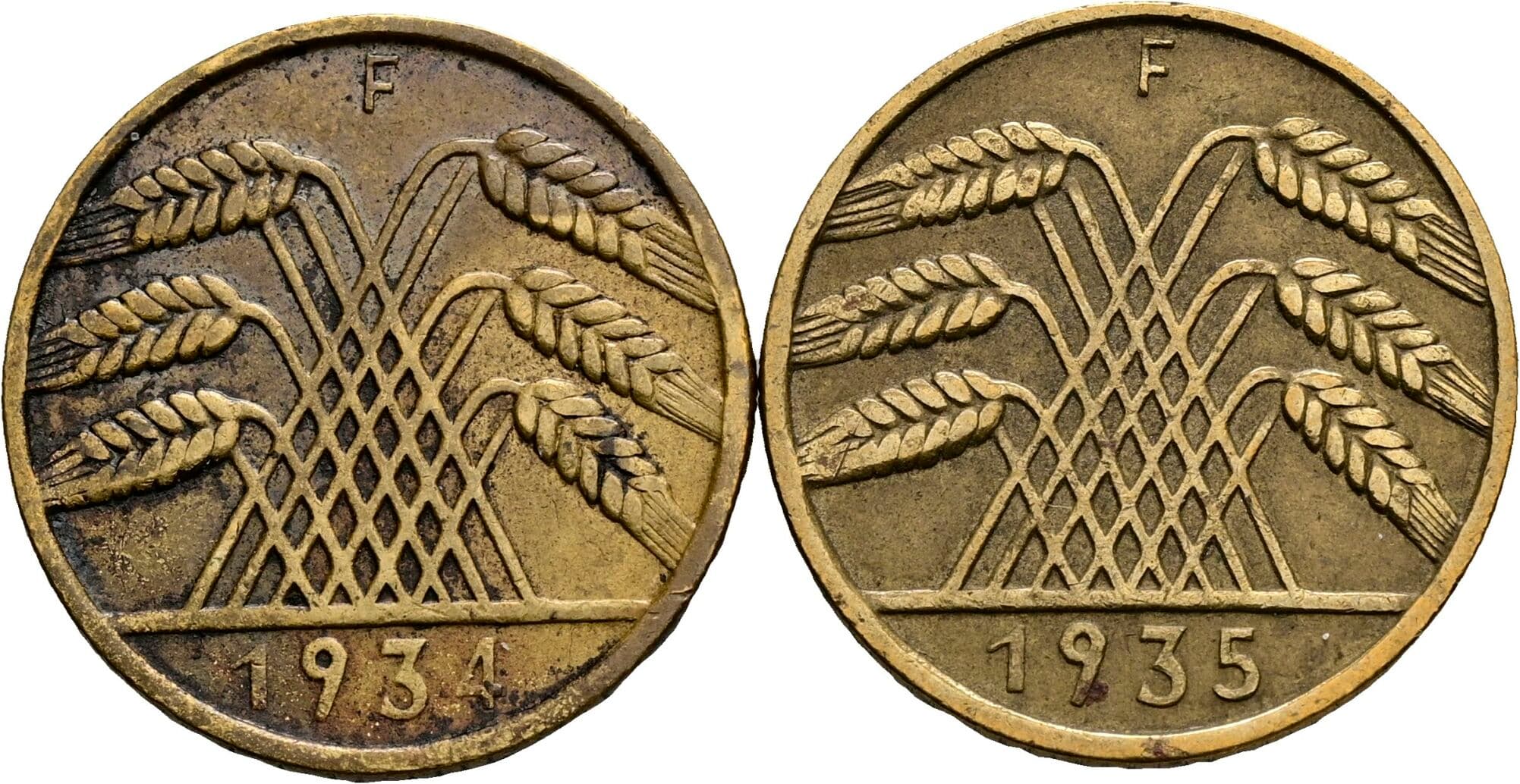 Lot 2 Stück Reichspfennig 1934 F und 1935 F – Rückseite