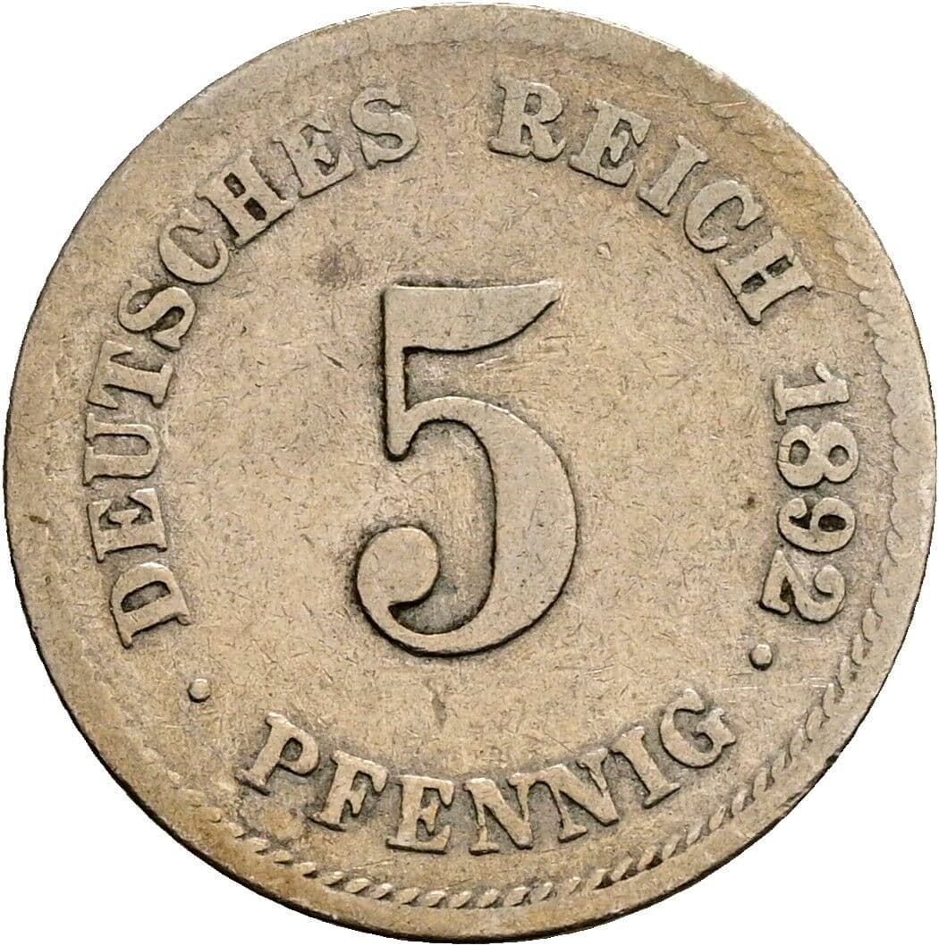5 Pfennig 1892 G – Vorderseite