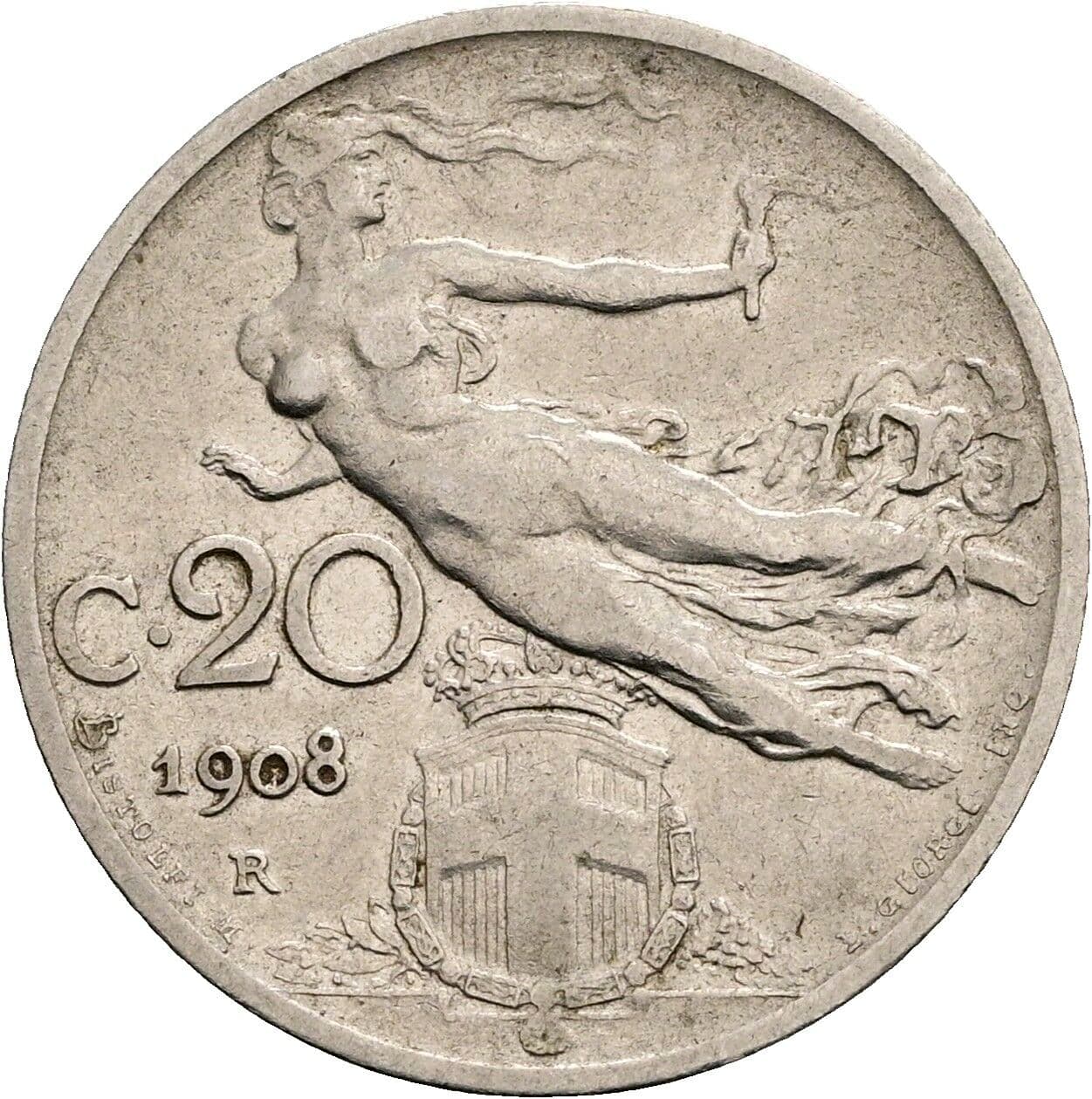 20 Centesimi Vittorio Emanuele III. 1900-1946 1908 – Rückseite