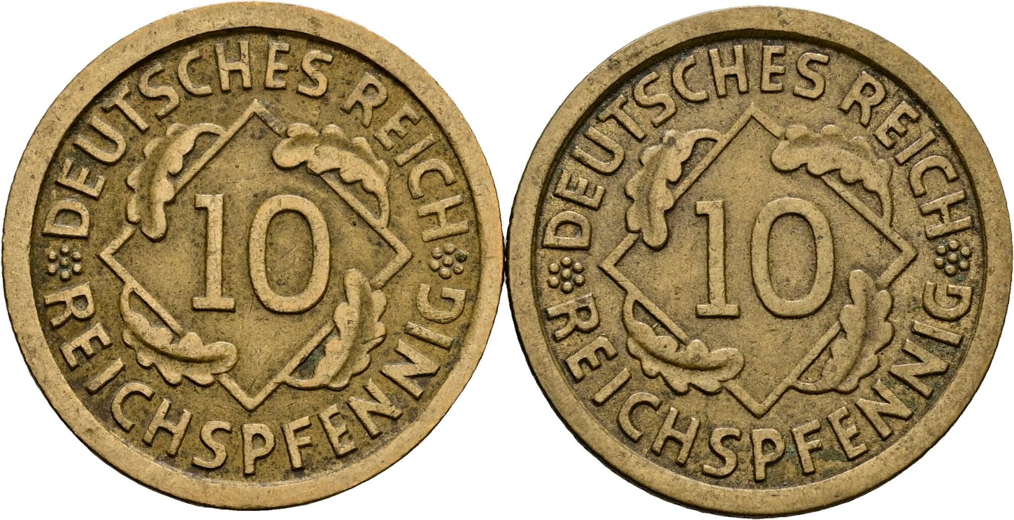 Lot 2 Stück 10 Reichspfennig 1934 F + 1935 F – Vorderseite