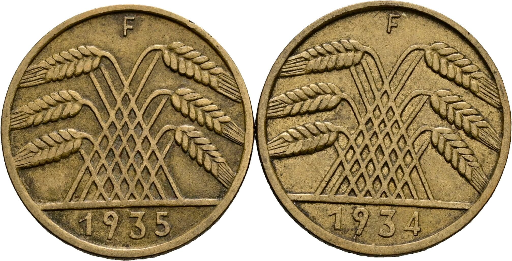 Lot 2 Stück 10 Reichspfennig 1934 F + 1935 F – Rückseite