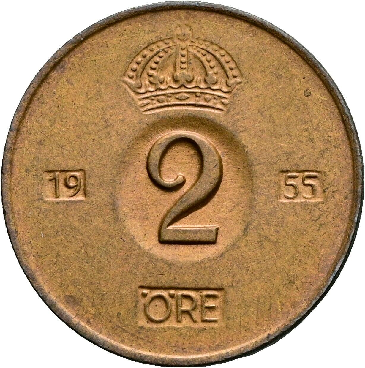 2 Öre Gustav VI. Adolf (1950-1973) 1955 – Vorderseite