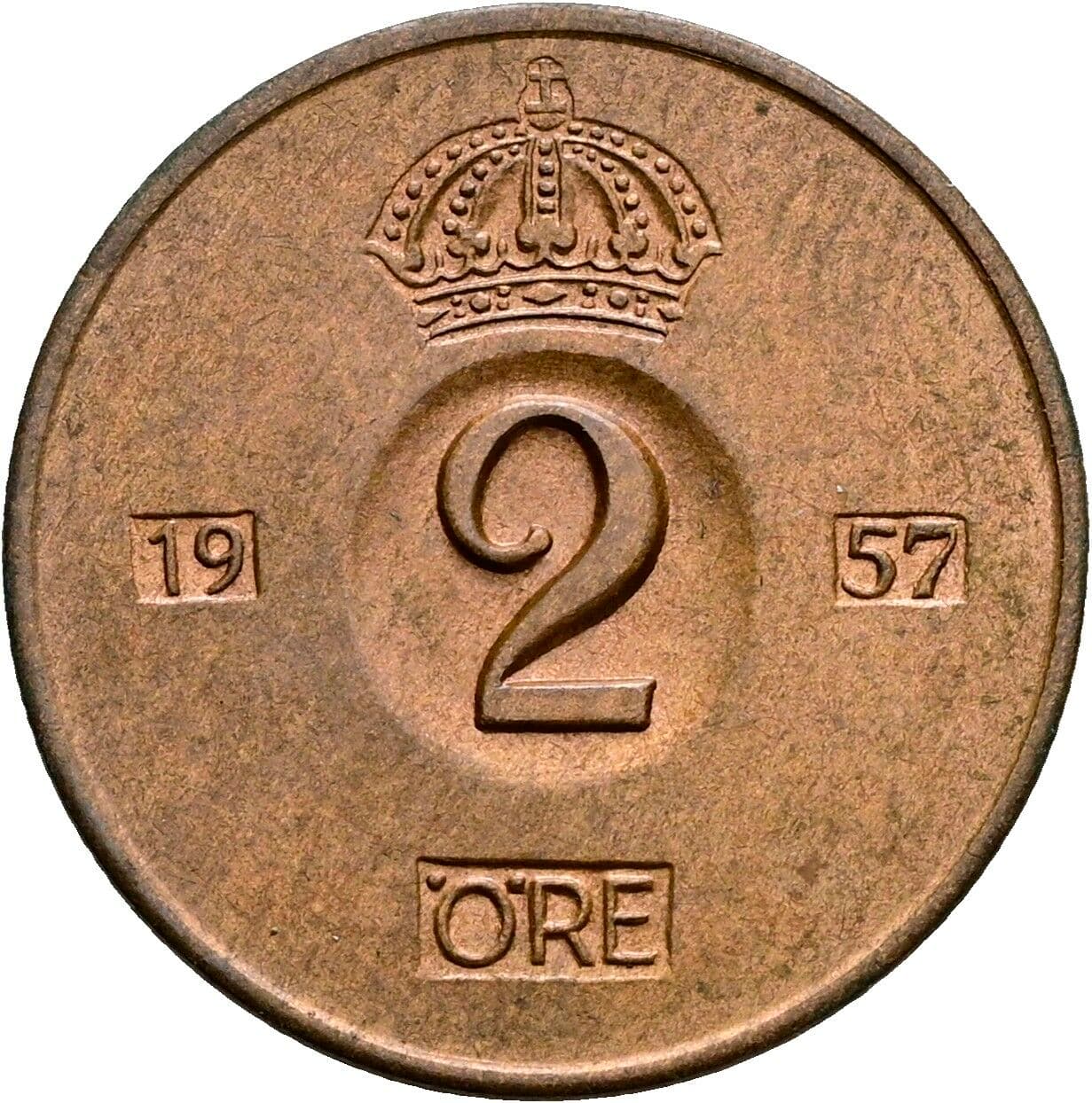 2 Öre Gustav VI. Adolf (1950-1973) 1957 – Vorderseite