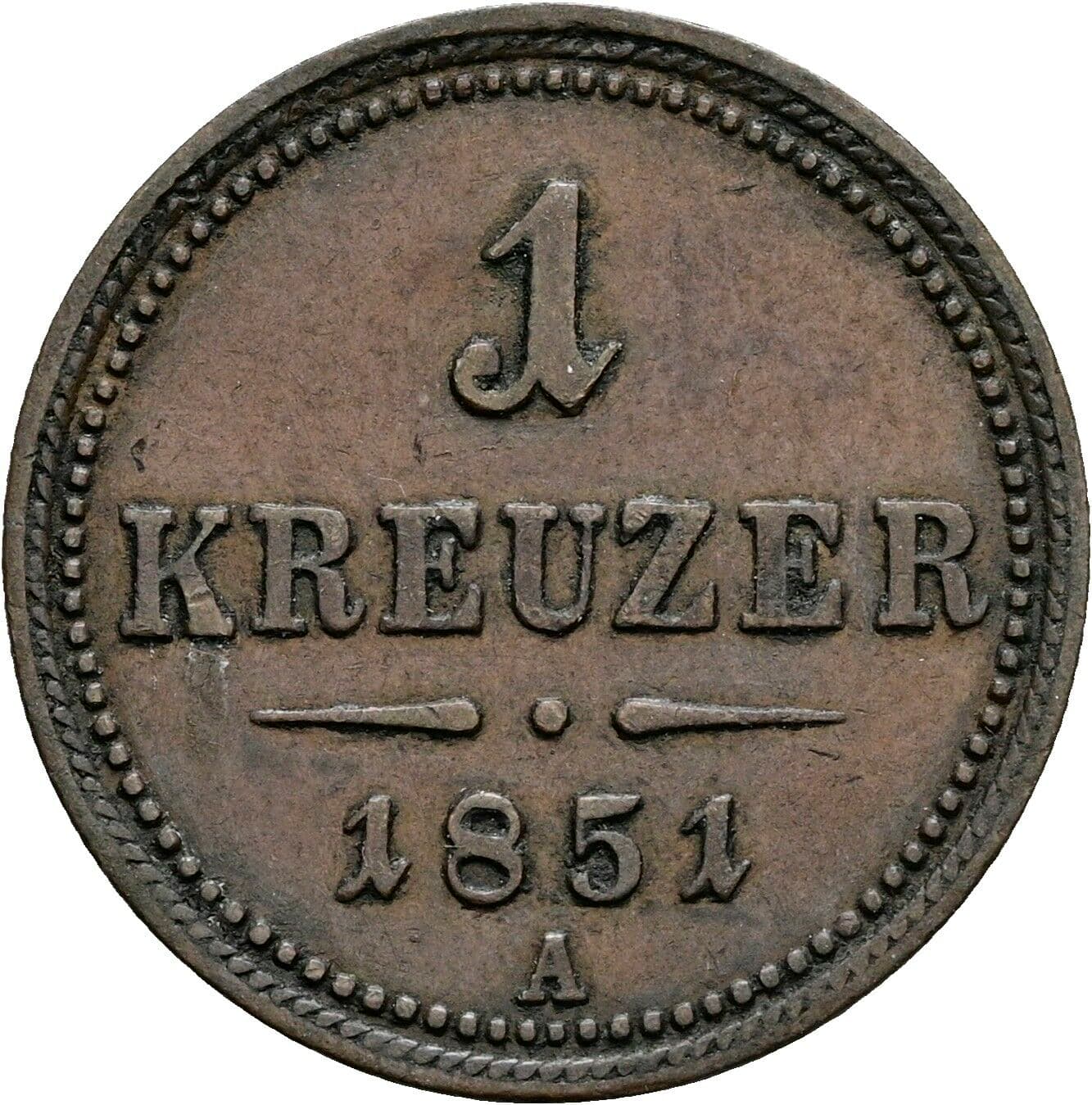 1 Kreuzer Franz Joseph I. 1848-1916 1851 A, Wien – Vorderseite