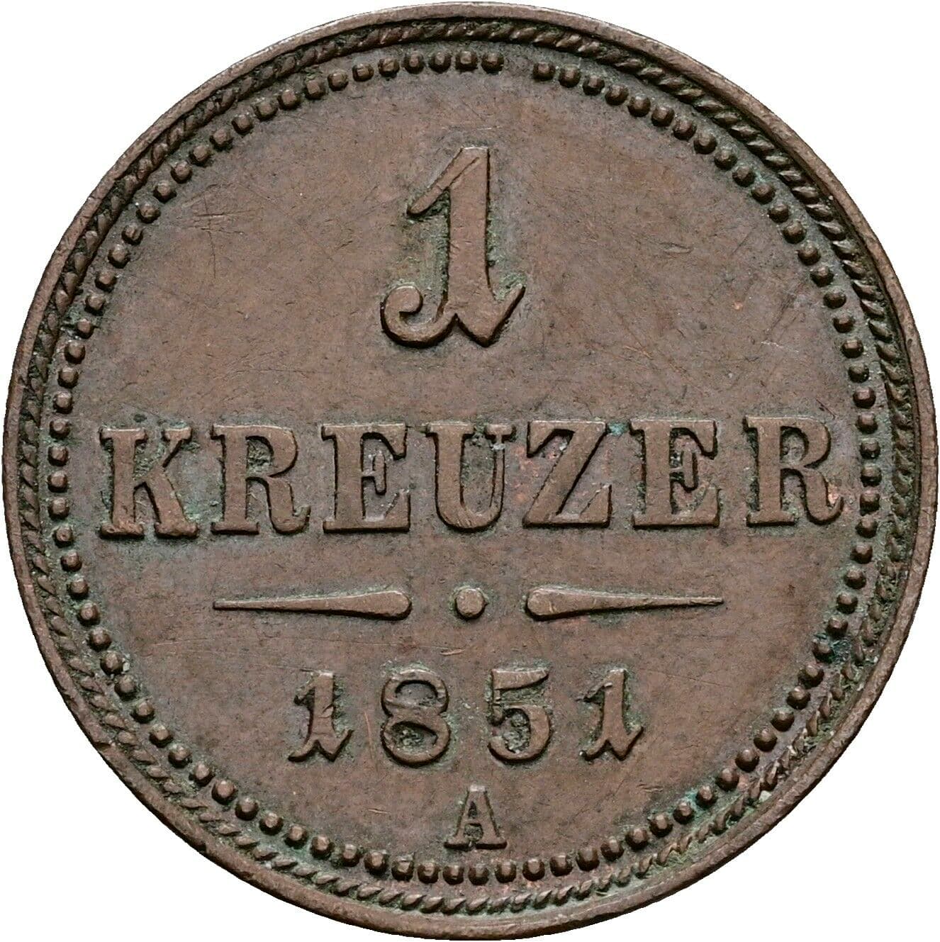 1 Kreuzer Franz Joseph I. 1848-1916 1851 A, Wien – Vorderseite