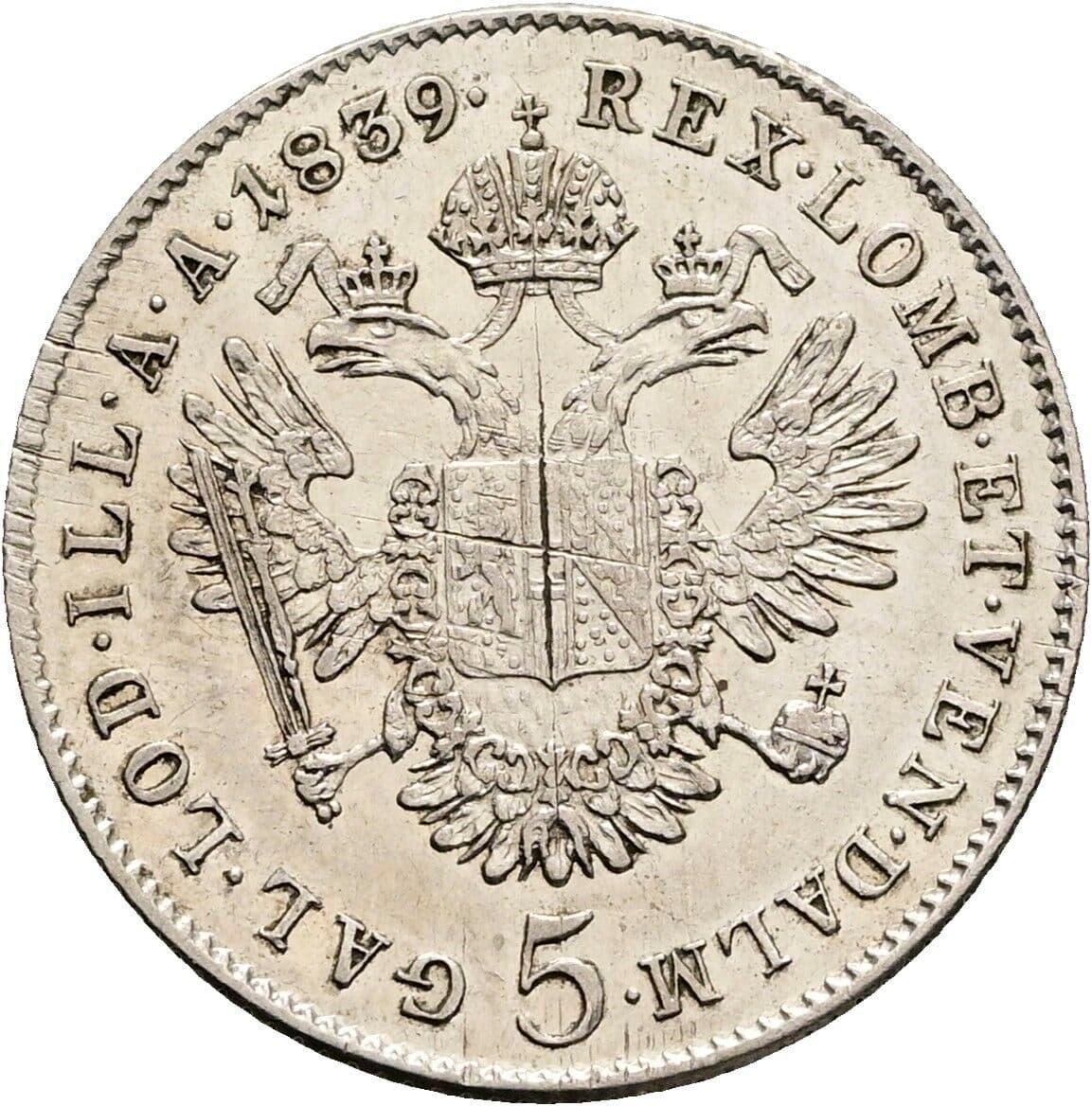 5 Kreuzer Ferdinand I. 1835-1848 1839 C, Prag – Rückseite