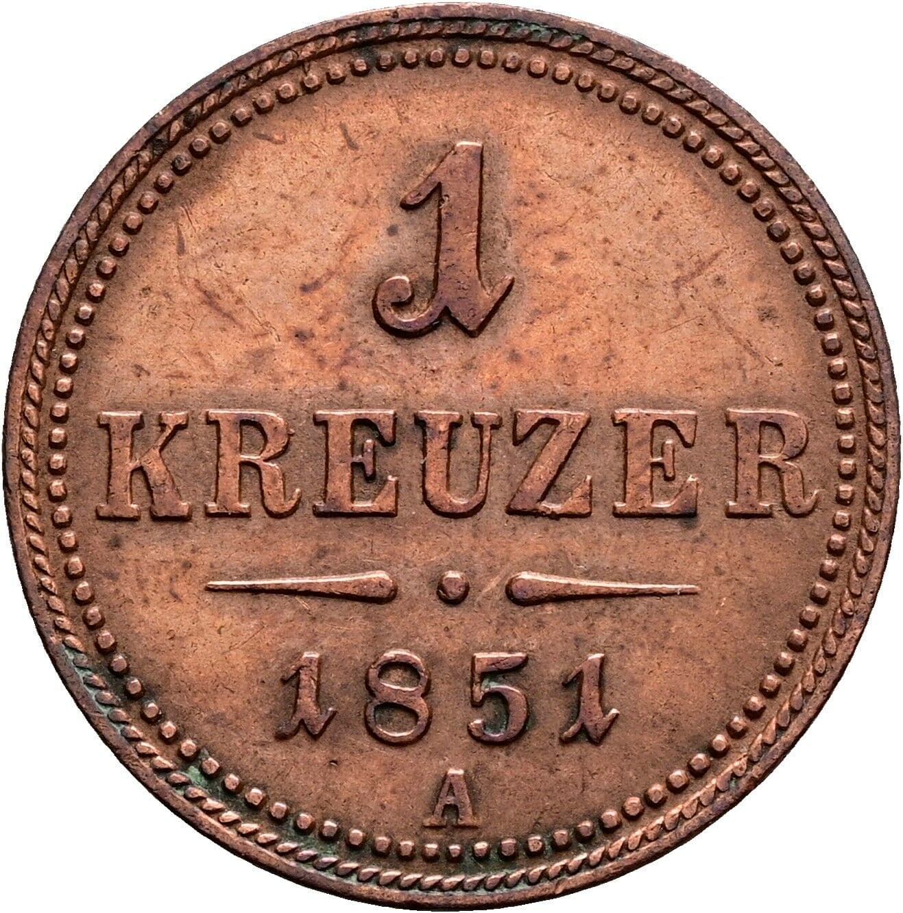 1 Kreuzer Franz Joseph I. 1848-1916 1851 A, Wien – Vorderseite